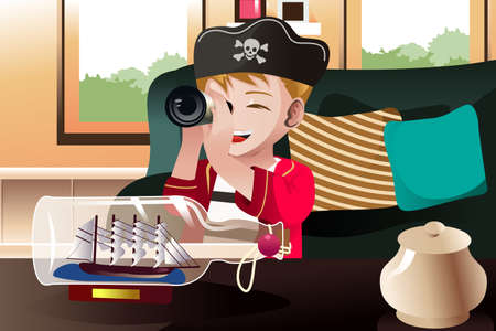 A vector illustration of boy dressed in a pirate outfit holding a telescope looking at a ship in a bottleのイラスト素材