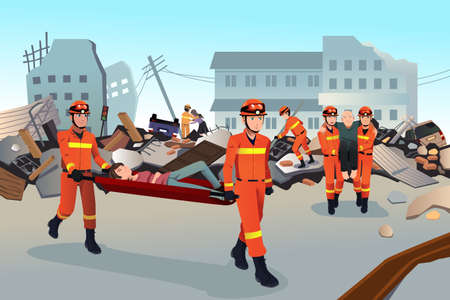 A vector illustration of rescue teams searching through the destroyed  buildings  during the earthquakeのイラスト素材