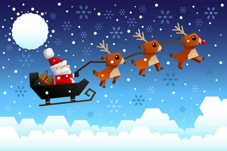 A vector illustration of Santa Claus riding the sleigh pulled by reindeers in the middle of winter nightのイラスト素材