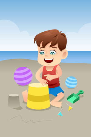 A vector illustration of cute boy playing in the beachのイラスト素材