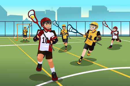 A vector illustration of active kids playing lacrosseのイラスト素材