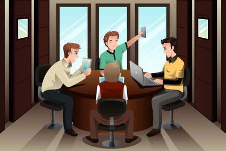 A vector illustration of young businessmen sitting on a table in the office working with their electronic gadgetsのイラスト素材