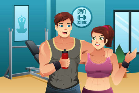 A vector illustration of man and woman working out together in the gymのイラスト素材
