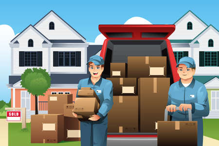 A vector illustration of moviers carrying boxes in front of their truckのイラスト素材