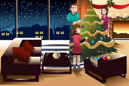 A vector illustration of happy family decorating Christmas tree togetherのイラスト素材