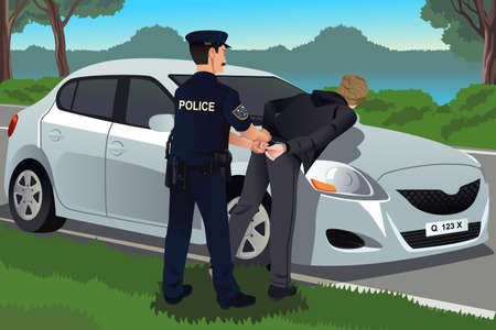 A vector illustration of cop handcuffs a law-breaker near his carのイラスト素材