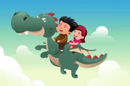 A vector illustration of happy kids riding on a cute dragonのイラスト素材