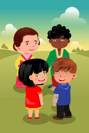 A vector illustration of multi-ethnic kids playing togetherのイラスト素材