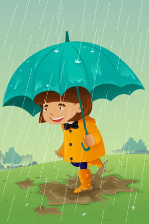 A vector illustration of girl with umbrella and raincoat playing in the mudのイラスト素材