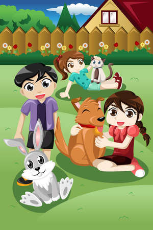 A vector illustration of kid playing with their pets in the gardenのイラスト素材