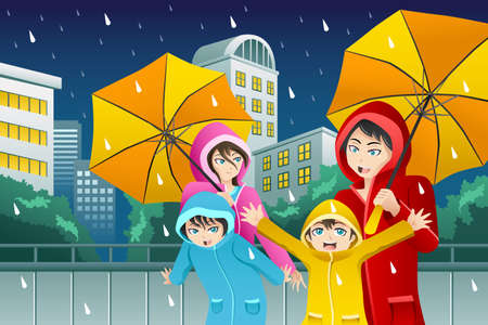 A vector illustration of family walking with umbrella and wearing raincoats in the big cityのイラスト素材