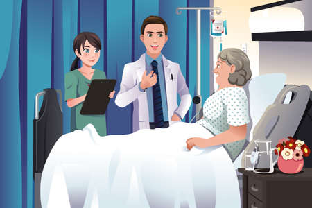A vector illustration of doctor and nurse talking to a patient at the hospitalのイラスト素材