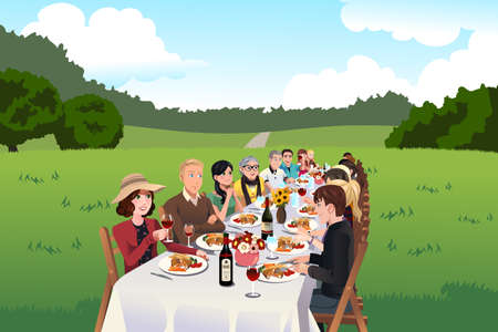 A vector illustration of group of people eating in a farm tableのイラスト素材