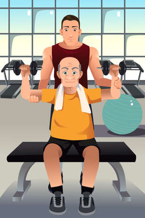 A vector illustration of personal trainer training an elderly man in the gymのイラスト素材