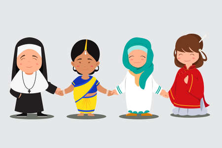 A vector illustration of multiethnic people holding hands togetherのイラスト素材