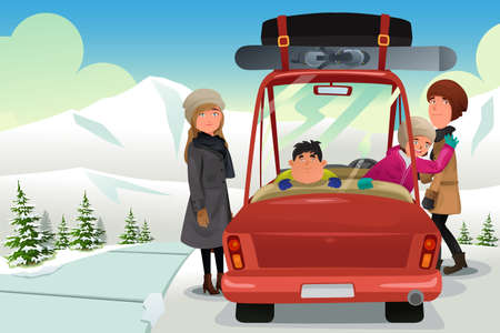 A vector illustration of happy family going to a winter holiday tripのイラスト素材