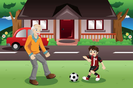 A vector illustration of grandpa and grandson playing soccer in the front yardのイラスト素材