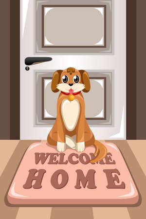 A vector illustration of cute dog sitting on a mat that says "Welcome Home" in front of a houseのイラスト素材