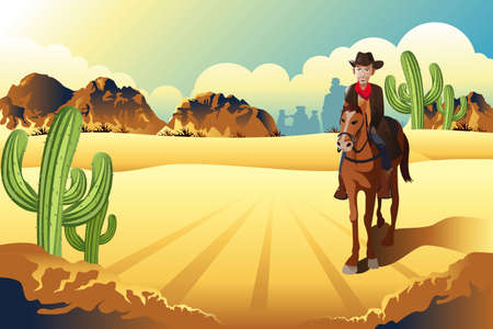 A vector illustration of cowboy riding a horse in the desertのイラスト素材