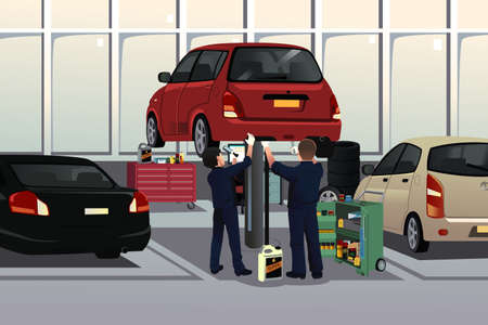 A vector illustration of auto mechanic fixing a car under the hood in the auto repair garageのイラスト素材