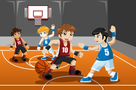 A vector illustration of group of kids playing basketball indoorのイラスト素材