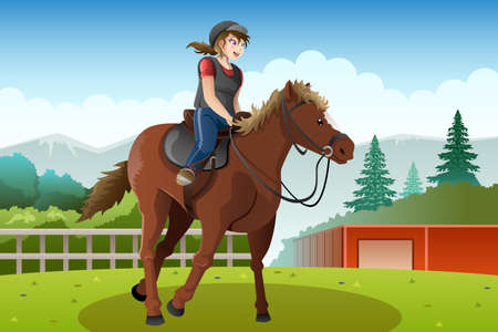 A vector illustration of little girl riding a horseのイラスト素材