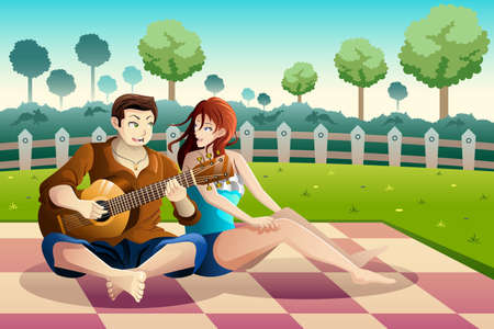 A vector illustration of happy couple playing guitar together in a parkのイラスト素材