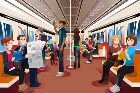 A vector illustration of different people inside crowded subway