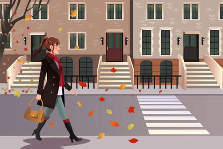 A vector illustration of stylish girl walking in New York cityのイラスト素材
