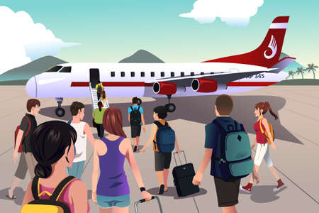 A vector illustration of tourists boarding on a planeのイラスト素材