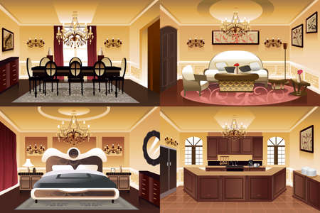 A vector illustration of rooms inside the house in similar style and color schemeのイラスト素材