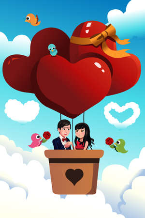 A vector illustration of romantic young couple riding a hot air balloon for valentine day conceptのイラスト素材