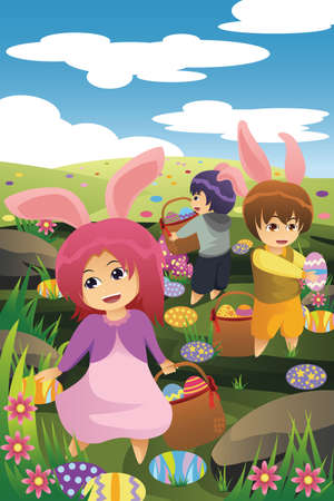 A vector illustration of kids celebrating Easter by going on an Easter egg huntのイラスト素材