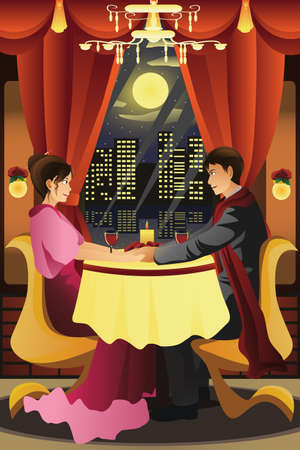 A vector illustration of young couple having dinner at restaurantのイラスト素材