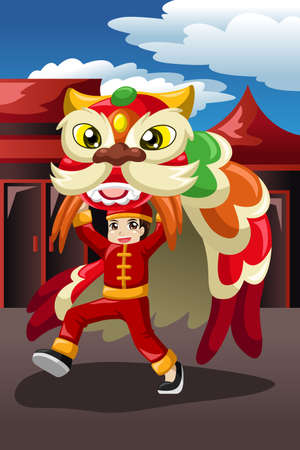 A vector illustration of boy doing a lion danceのイラスト素材