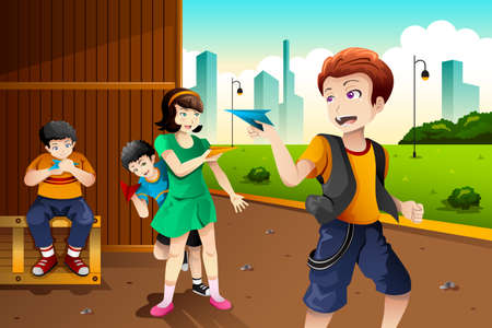 A vector illustration of happy kids playing paper plane in the park togetherのイラスト素材