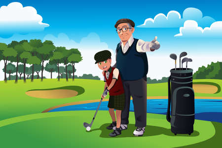 A vector illustration of grandfather teaching his grandson playing golfのイラスト素材