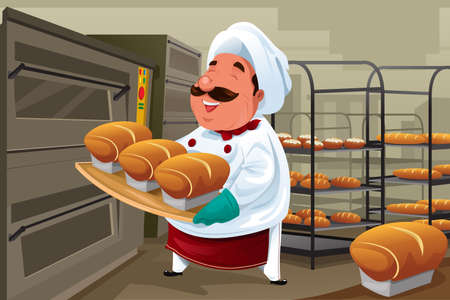 A vector illustration of happy baker holding breads in the kitchenのイラスト素材