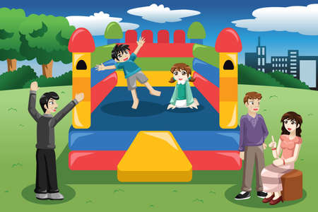 A vector illustration of happy kids playing in a bouncy houseのイラスト素材