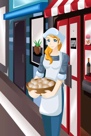 A vector illustrator of female store owner standing in front of her store carrying a basket of eggsのイラスト素材