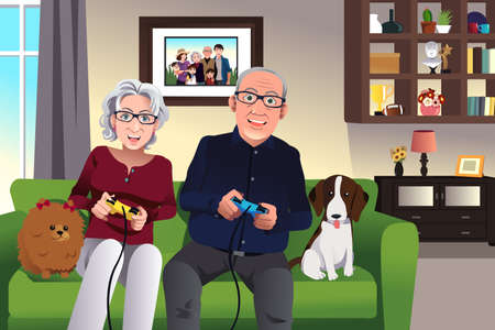 Illustration of elderly couple playing games at homeのイラスト素材