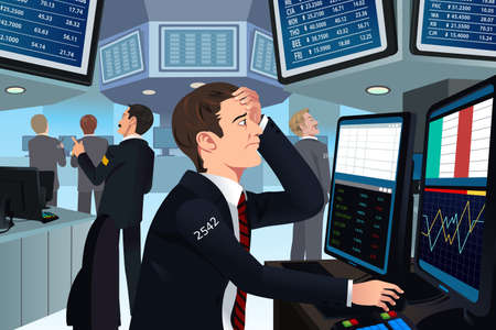Illustration of stock trader in stress looking at the computer
