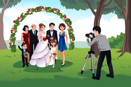 A vector illustration of  man photographing a family in a weddingのイラスト素材