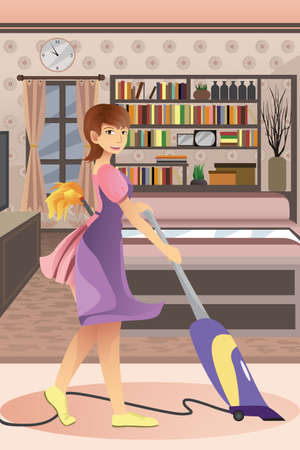 A vector illustration of happy woman vacuuming carpet in the living roomのイラスト素材