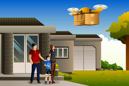 A vector illustration of family expecting a drone package deliveryのイラスト素材