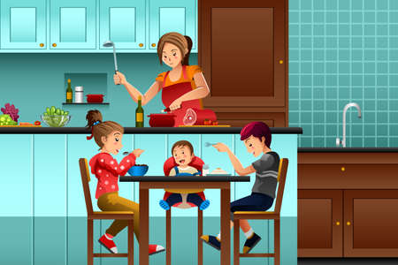 A vector illustration of busy mother in the kitchen with her kidsのイラスト素材