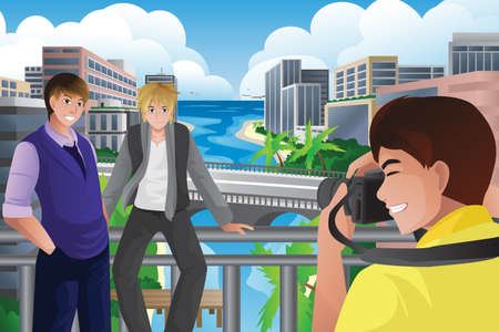 A vector illustration of man taking picture of his friendsのイラスト素材