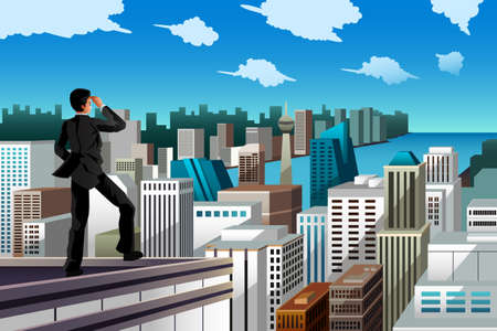 A vector illustration of businessman standing on the rooftop of a skyscraper for business conceptのイラスト素材