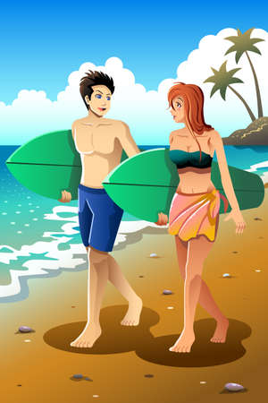 A vector illustration of young couple walking on beach with surfboards in their armsのイラスト素材