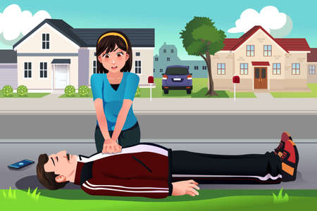 A vector illustration of teenager giving a CPR to a middle aged man on the street